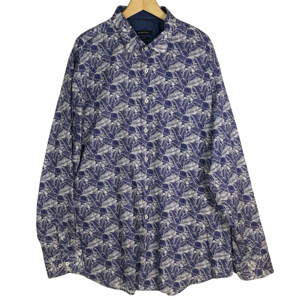Bugatchi Shirt Men's 3XL Classic Fit Blue & White Tropical Palms Long Sleeve